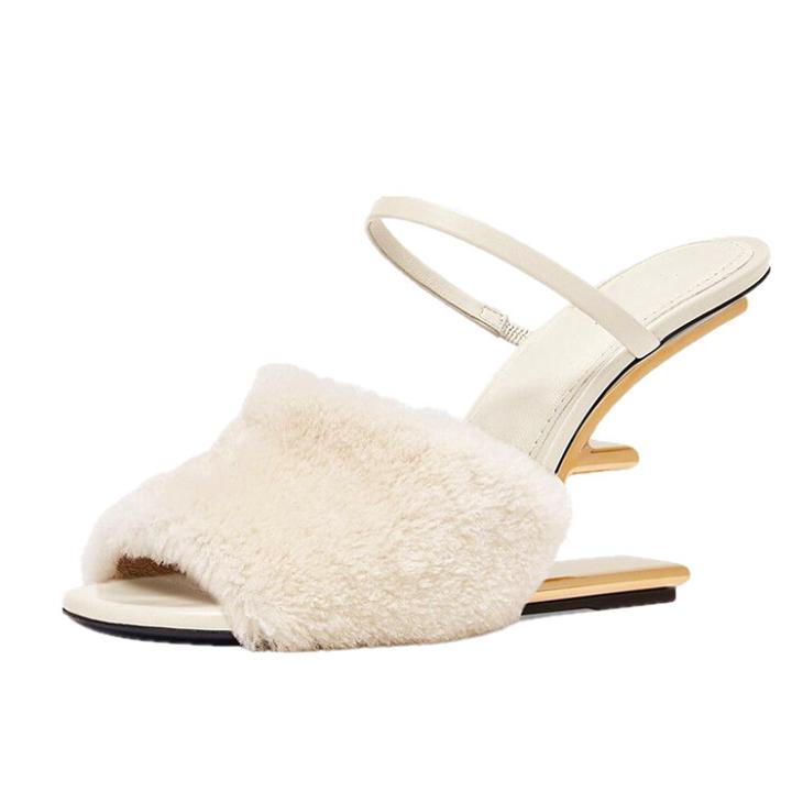 Beige Faux Fur Heeled Mules  |  Womens Heels Heels Heels