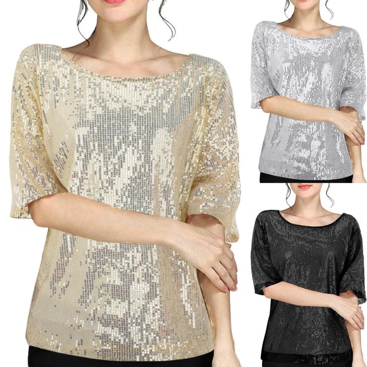 Beige Knit Sequin Short Sleeve Top  |  Womens Tops & T-Shirts Clothing Co-Ord Sets