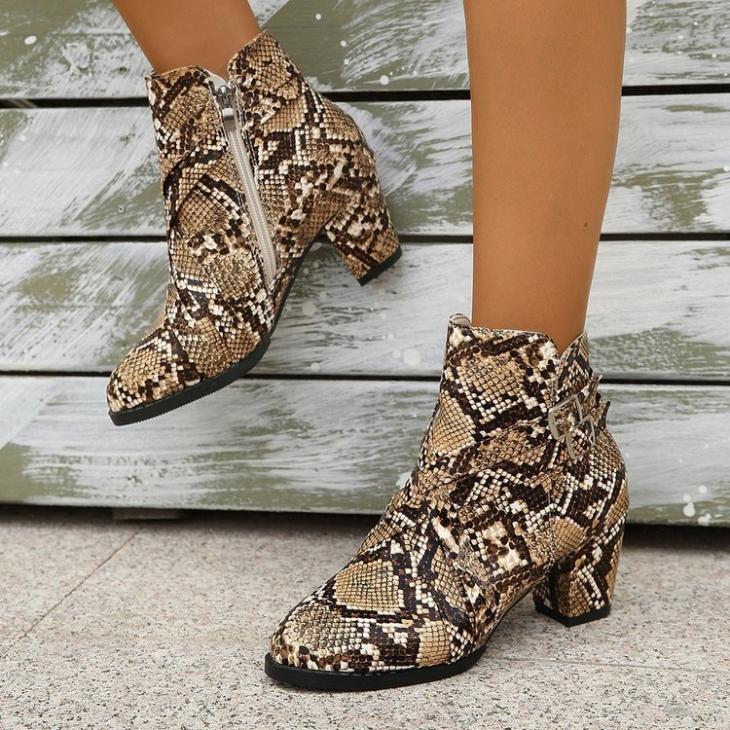 Beige Snake Print Buckle Western Heeled Boots  |  Womens Boots Boots Boots