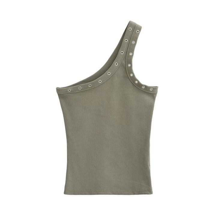 Beige Studded Detail Ribbed Vest Top  |  Womens T-Shirts & Vests Clothing T-Shirts & Vests