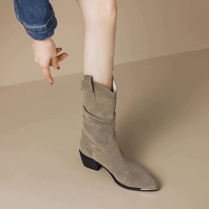 Beige Suede Kitten Heeled Western Boots  |  Womens Boots Boots Boots