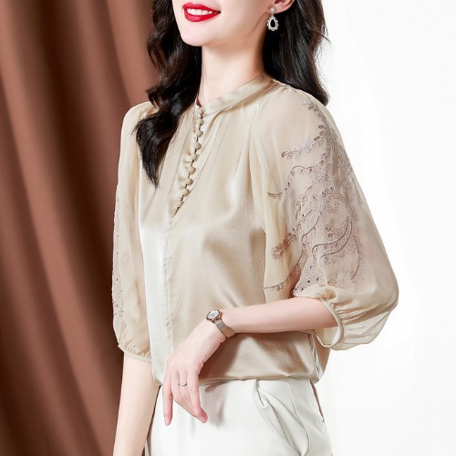 Beige Tie Neck Pearl Blouse  |  Womens Tops & T-Shirts Blouses & Shirts Blouses & Shirts