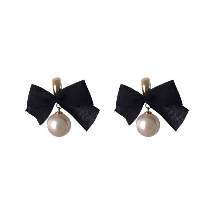 Black Bow Pearl Drop Earrings  |  Womens Jewellery Accessories Jewellery