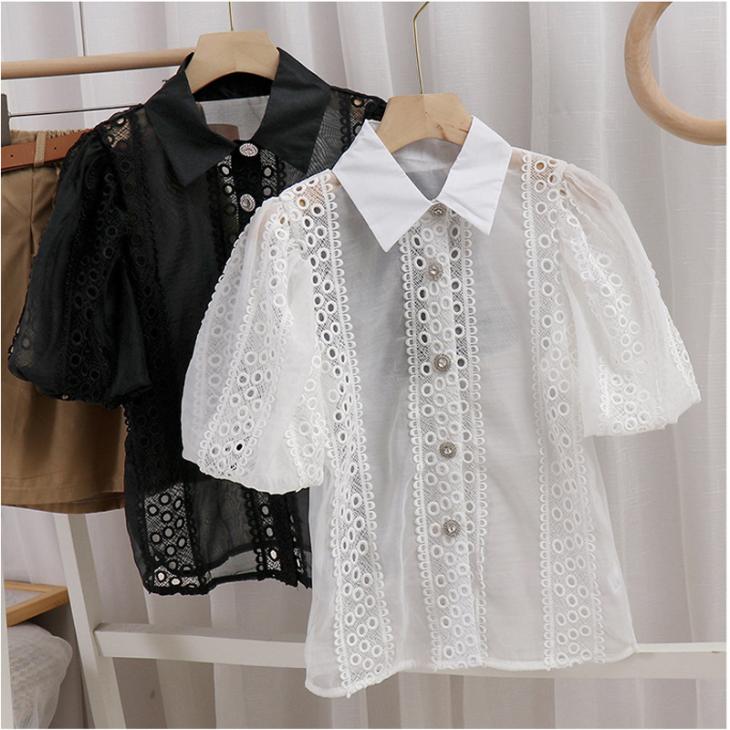 Black Broderie Puff Sleeve Shirt  |  Womens Tops & T-Shirts Blouses & Shirts Blouses & Shirts