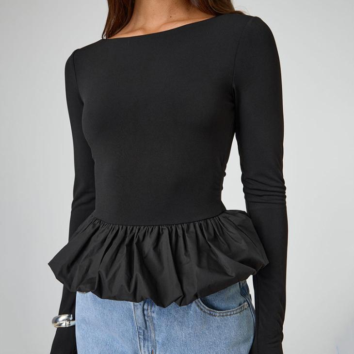 Black Bubble Hem Long Sleeve Top  |  Womens Tops & T-Shirts Clothing Tops & T-Shirts