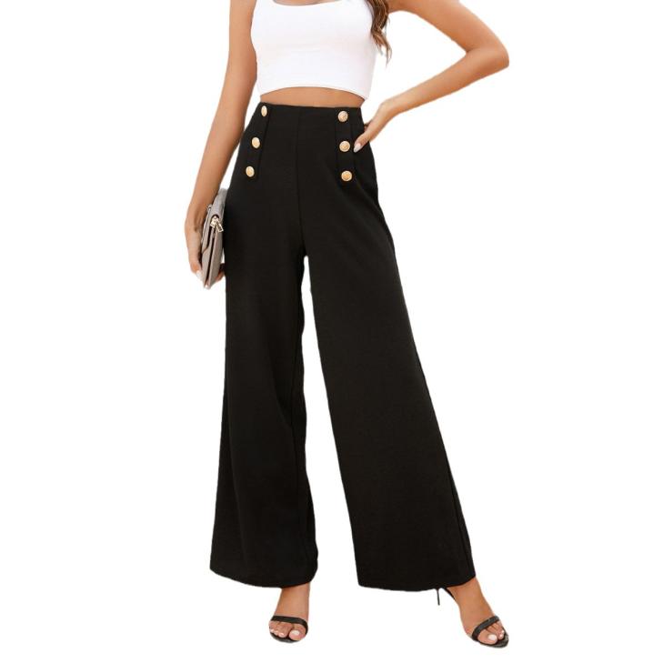 Black Button Detail Wide Leg Trousers  |  Womens Trousers Clothing Trousers