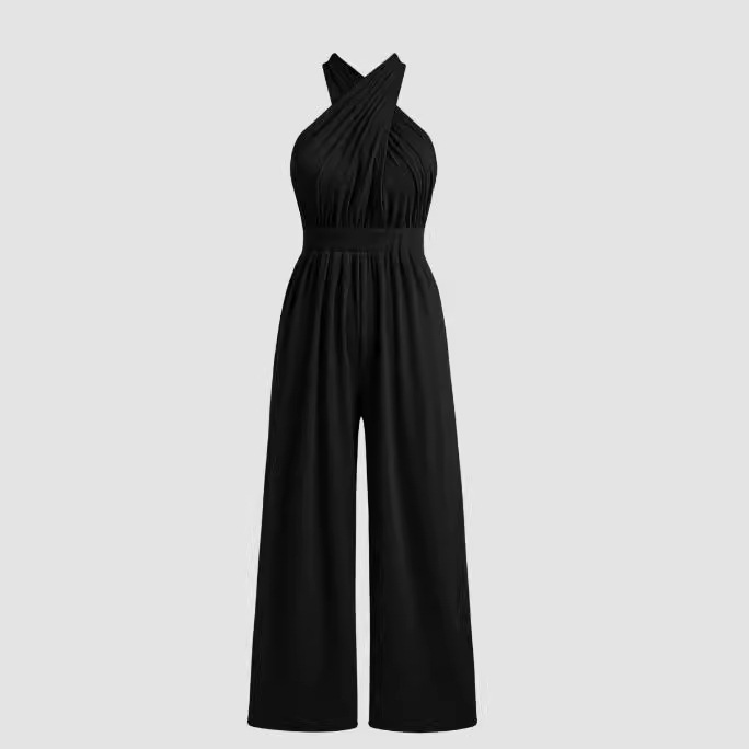 Black Crossed Halter Neck Jumpsuit  |  Womens Jumpsuits & Playsuits Clothing Jumpsuits & Playsuits