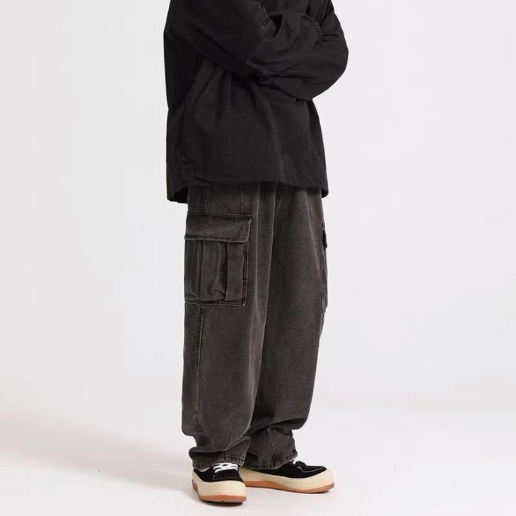 Black Denim Relaxed Straight Cargo Jeans  |  Mens Trousers Cargos Cargos