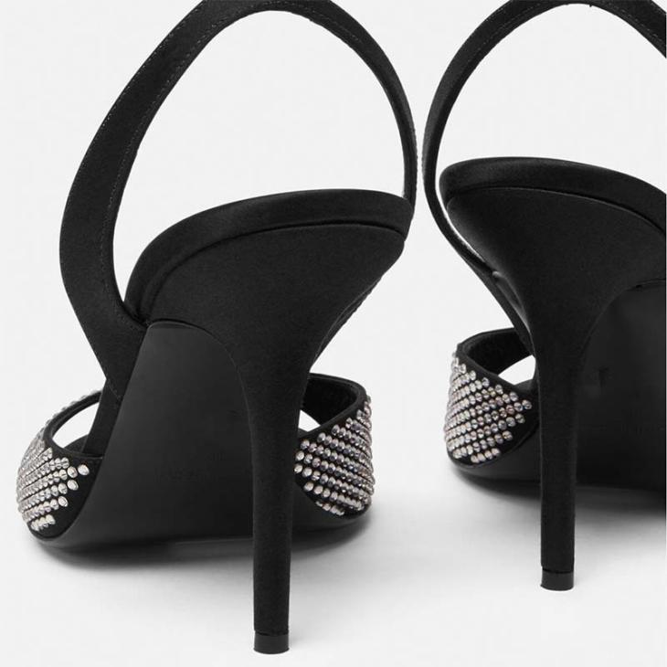 Black Diamante Mesh Sling Back Heeled Shoes  |  Womens Shoes Heels Heels