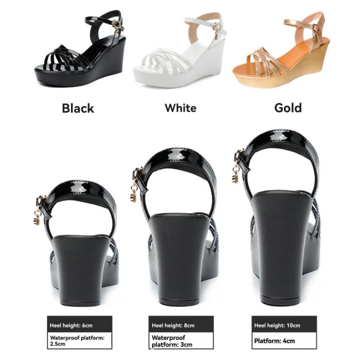 Black Leather Cross Strap Wedge Sandals  |  Womens Sandals Heels Heels