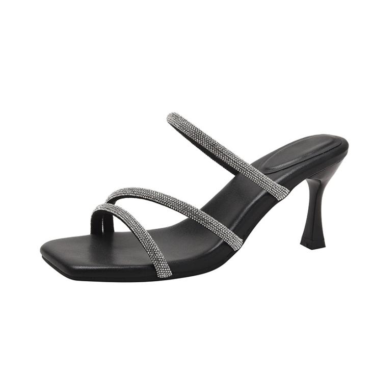 Black Mesh Embellished Heeled Mule Sandals  |  Womens Sandals Heels Heels