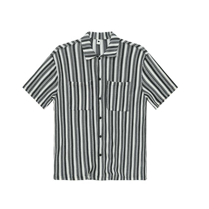 Black Regular Fit Crochet Stripe Revere Shirt  |  Mens Tops Clothing Mens