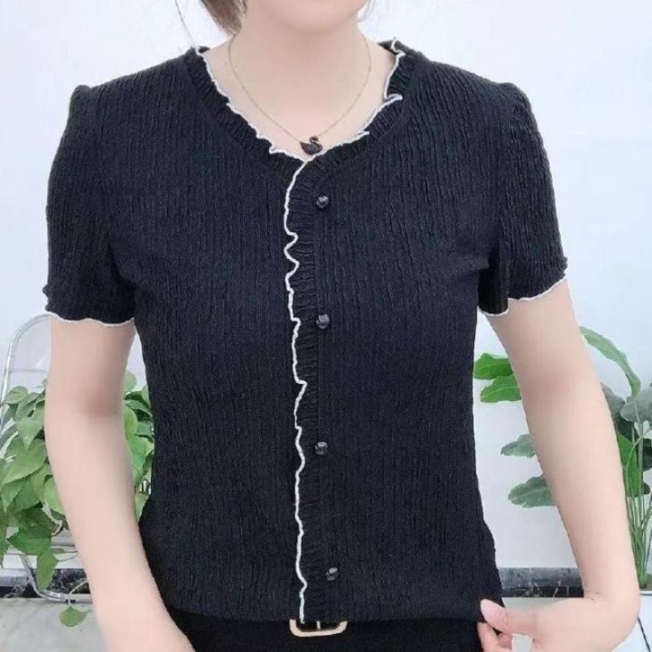 Black Ribbed Frill T-Shirt  |  Womens Jumpers & Cardigans Clothing Jumpers & Cardigans