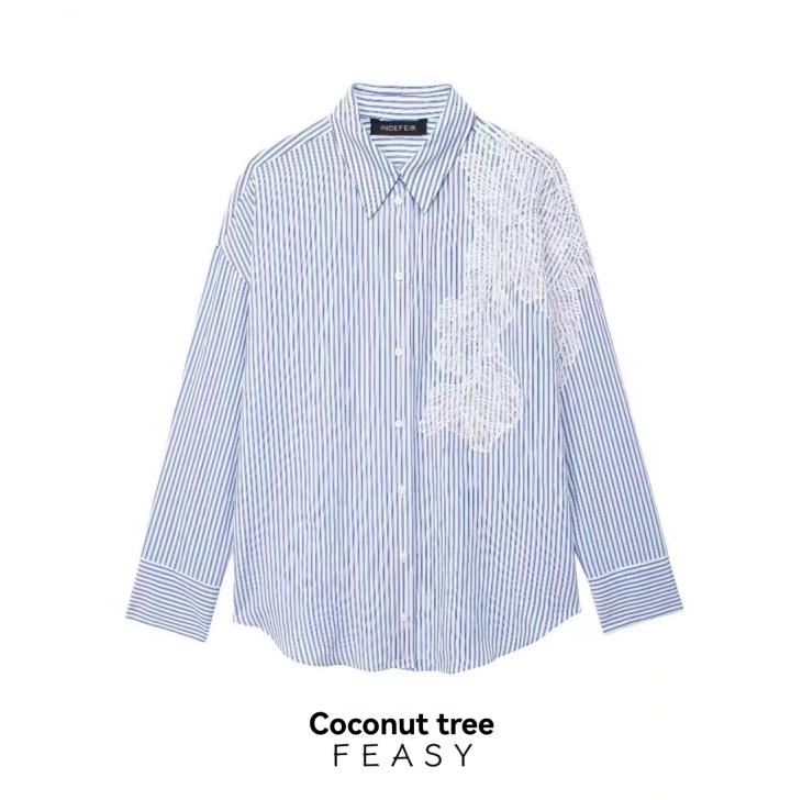 Blue Crochet Detail Stripe Shirt  |  Womens Tops & T-Shirts Blouses & Shirts Blouses & Shirts