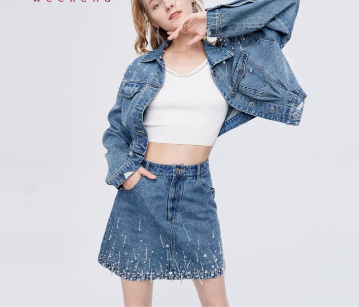 Blue Eyelet Detail Cropped Denim Jacket  |  Womens Co-Ord Sets Clothing Co-Ord Sets