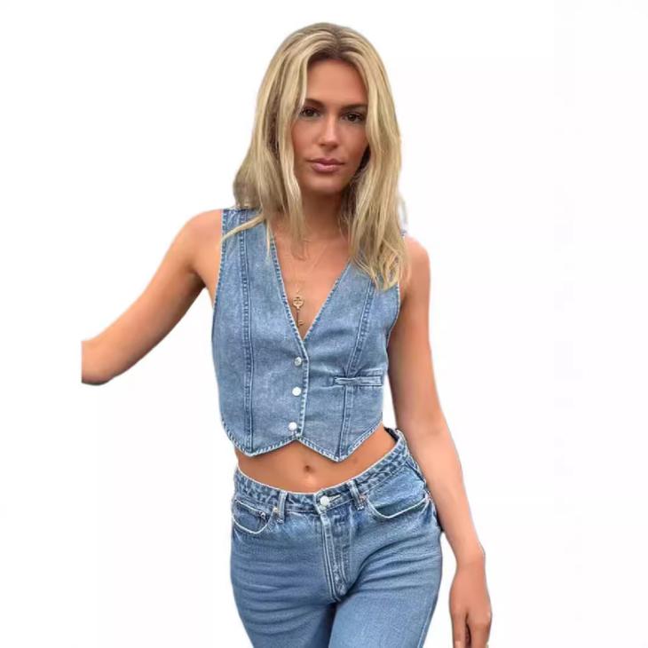 Blue High Neck Denim Waistcoat  |  Womens Tops & T-Shirts Clothing Coats & Jackets