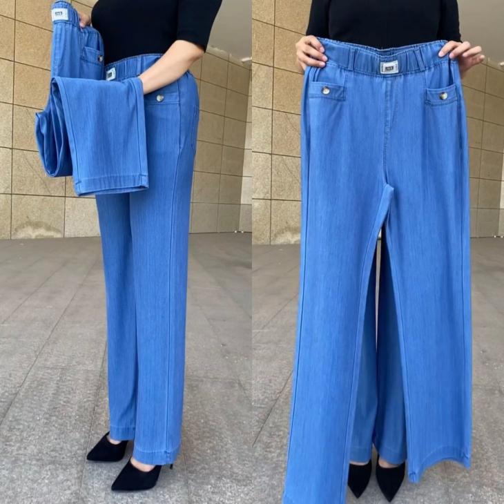 Blue High Waisted Wide Leg Denim Trousers  |  Womens Trousers Clothing Co-Ord Sets