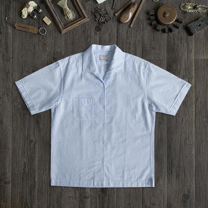 Blue Regular Fit Seersucker Revere Shirt  |  Mens Shirts Clothing Mens