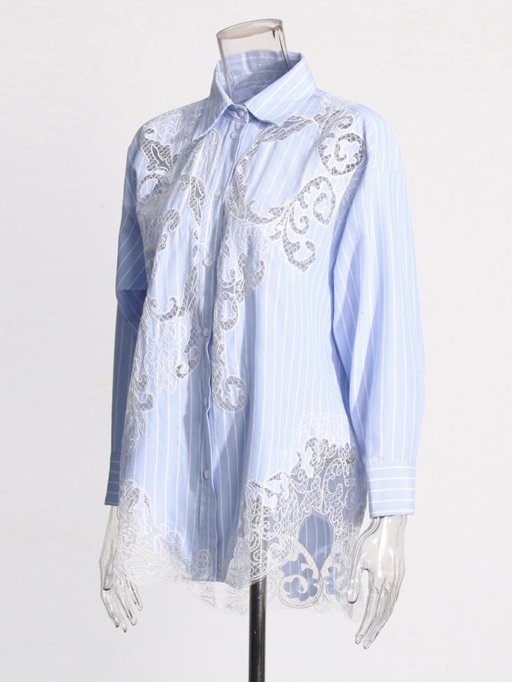 Blue Stripe Lace Panel Shirt  |  Womens Tops & T-Shirts Blouses & Shirts Blouses & Shirts