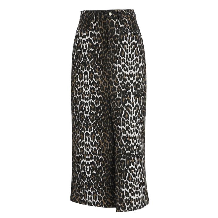 Brown Denim Leopard Print Smart Skirt  |  Womens Skirts Clothing Skirts