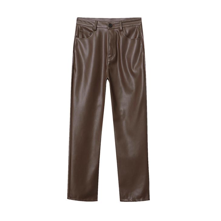 Brown Faux Leather Pocket Straight Trousers  |  Womens Trousers Clothing Trousers