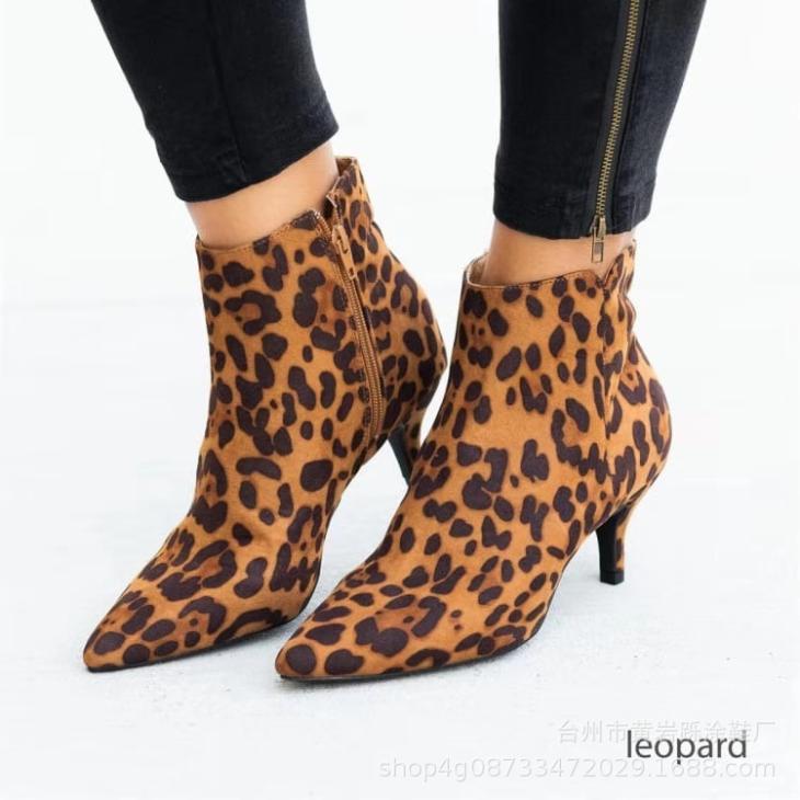 Brown Leopard Leather Kitten Heeled Boots  |  Womens Shoes Boots Boots