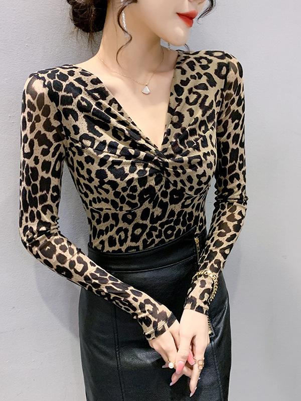 Brown Leopard Twist Mesh Long Sleeve Top  |  Womens Tops & T-Shirts Clothing Tops & T-Shirts