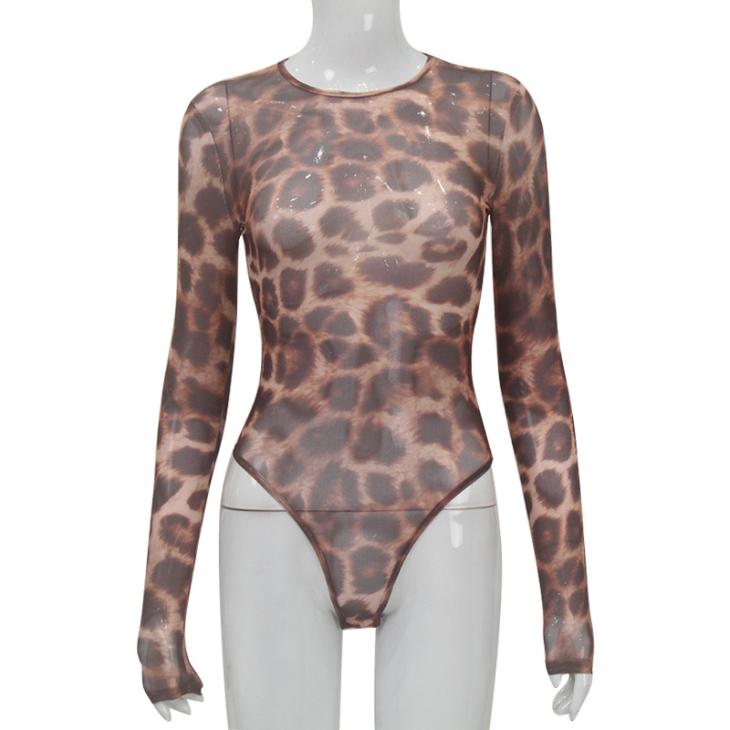 Brown Mesh Leopard Print Asymmetric Bodysuit  |  Womens Tops & T-Shirts Clothing Tops & T-Shirts