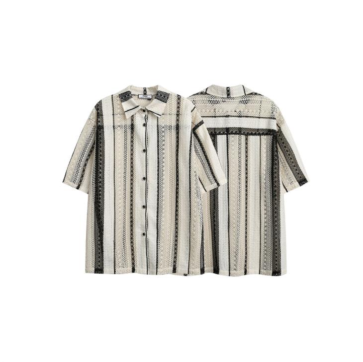 Brown Regular Fit Crochet Stripe Revere Shirt  |  Mens Tops Clothing Mens