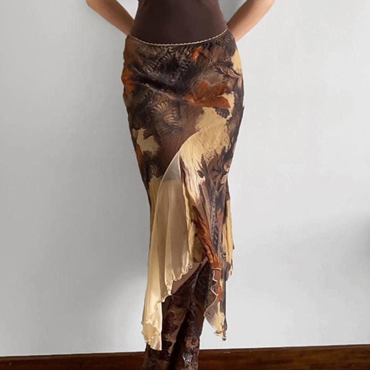 Brown Satin Abstract Maxi Skirt  |  Womens Skirts Clothing Skirts