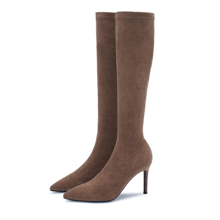 Brown Thigh High Heeled Sock Boots  |  Womens Boots Boots Boots