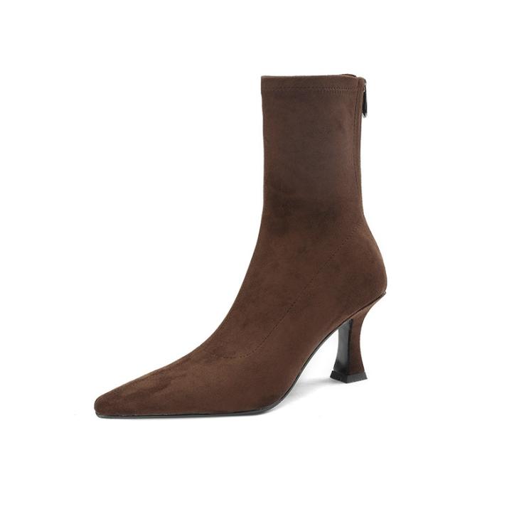 Brown Wide Fit Suedette Heeled Sock Boots  |  Womens Wide Fit Shoes Boots Boots