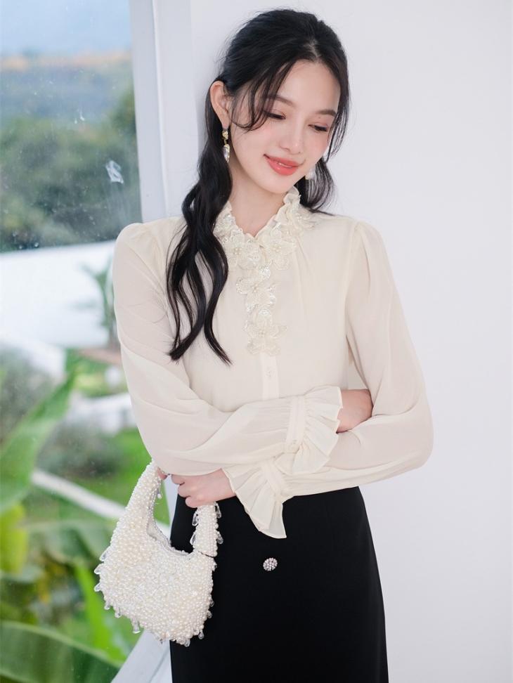 Cream Crepe Floral Long Sleeve Blouse  |  Womens Blouses & Shirts Blouses & Shirts Blouses & Shirts