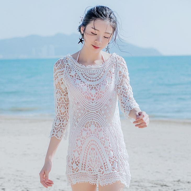 Cream Crochet Embellished Beach Mini Dress  |  Womens Swimwear & Beachwear Clothing Swimwear & Beachwear