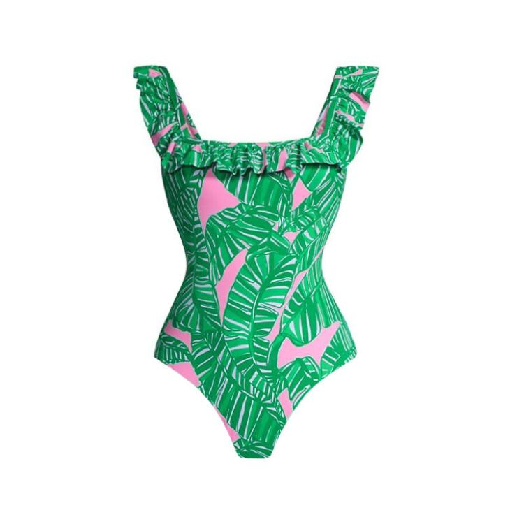 Green One Shoulder Leaf Print Crop Top  |  Womens Swimwear & Beachwear Clothing Swimwear & Beachwear