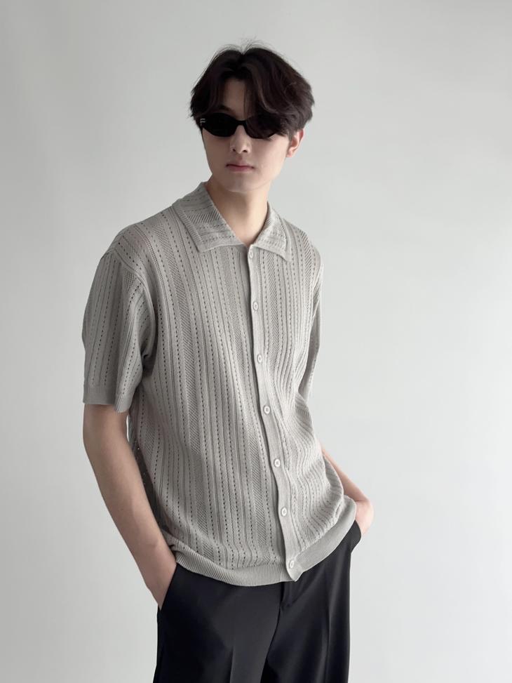 Grey Regular Fit Knit Geometric Shirt  |  Mens Tops Clothing Jumpers & Cardigans