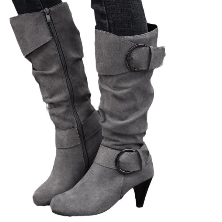 Grey Woven Buckle Heeled Boot  |  Womens Heels Boots Boots