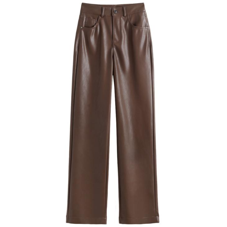 Khaki Faux Leather Straight Trousers  |  Womens Trousers Clothing Trousers