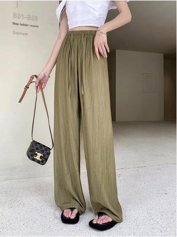 Khaki Satin Plisse Wide Leg Trousers  |  Womens Co-Ord Sets Clothing Co-Ord Sets