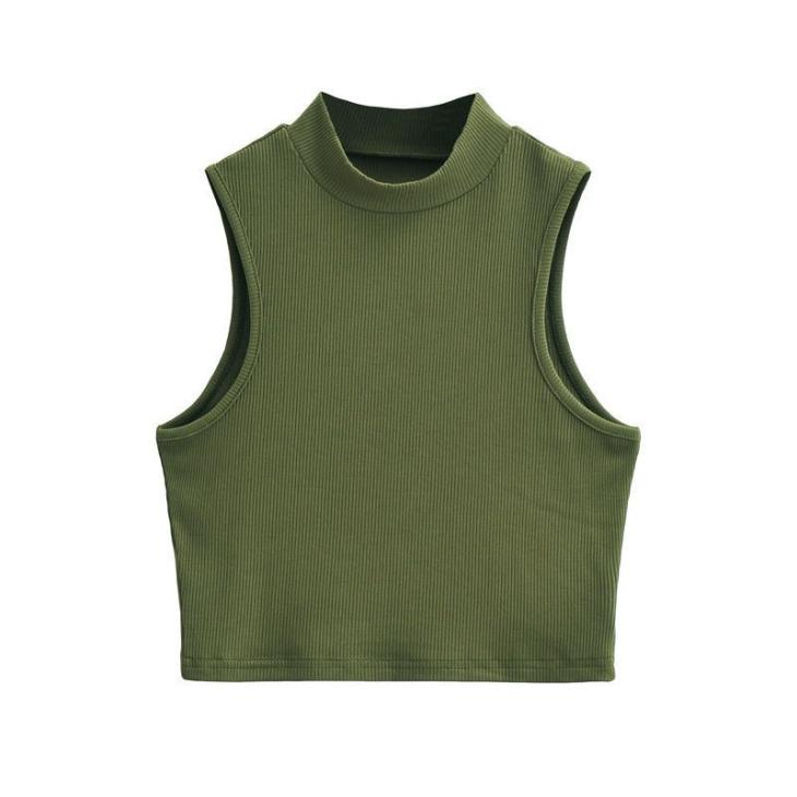 Khaki Washed Ribbed High Neck Tank Top  |  Womens Tops & T-Shirts Clothing Tops & T-Shirts