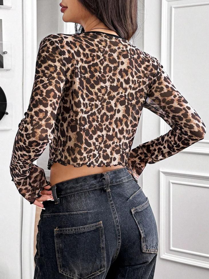 Petite Brown Leopard Ribbed Long Sleeve Top  |  Womens Tops & T-Shirts Clothing Tops & T-Shirts