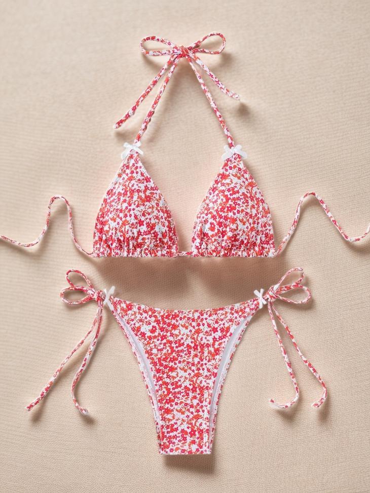 Red Floral Frill Triangle Bikini Top  |  Womens Swimwear & Beachwear Clothing Swimwear & Beachwear