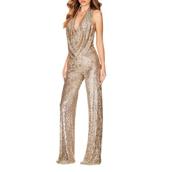 Rose Gold Sequin Halter Neck Jumpsuit  |  Womens Jumpsuits & Playsuits Clothing Jumpsuits & Playsuits