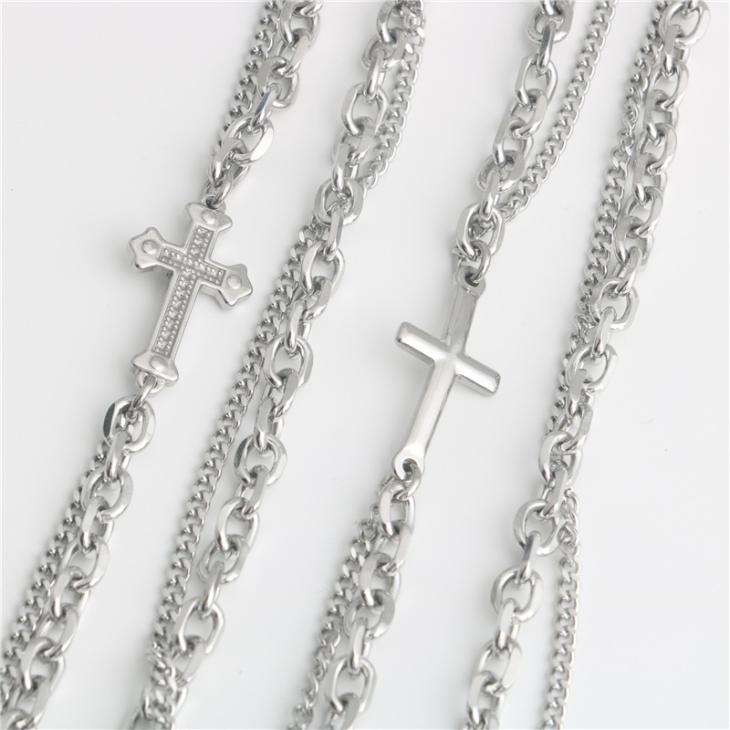 Silver Colour Cross Multirow Necklace  |  Mens Jewellery & Watches Accessories Jewellery & Watches