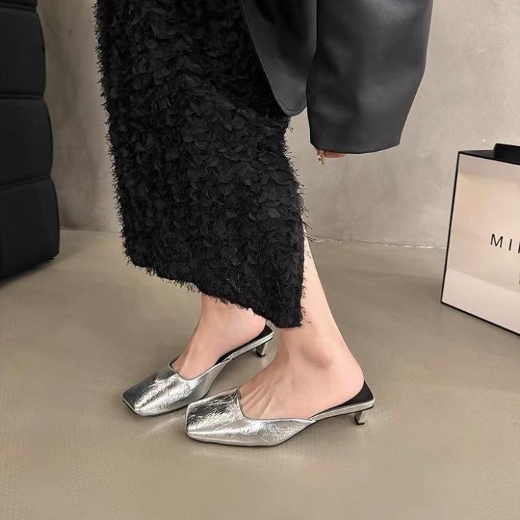 Silver Kitten Heeled Mule Shoes  |  Womens Shoes Heels Heels