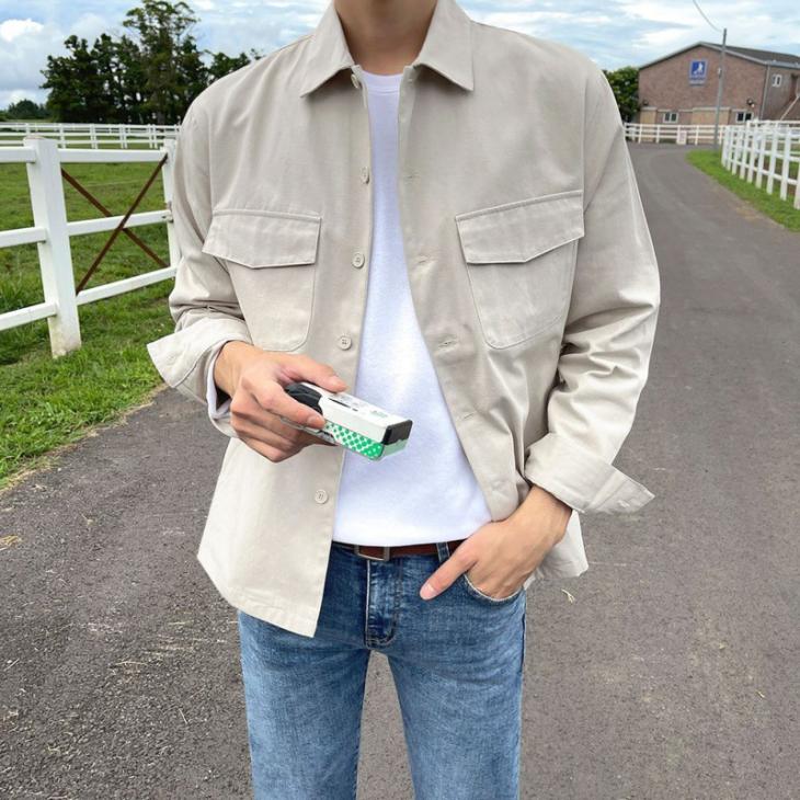 Stone Regular Fit Herringbone Overshirt  |  Mens Shirts Clothing Mens