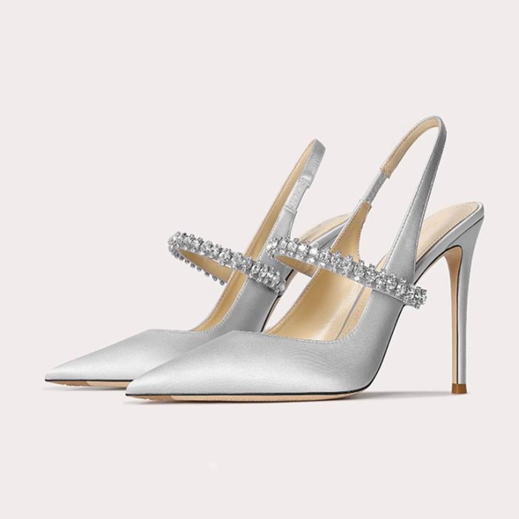 White Embellished Sling Back Heeled Shoes  |  Womens Heels Heels Heels