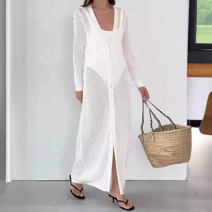 White Mesh Sequin Beach Maxi Shirt Dress  |  Womens Swimwear & Beachwear Clothing Swimwear & Beachwear