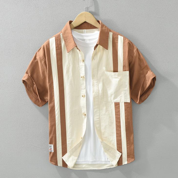 Brown Regular Fit Stripe Revere Shirt  |  Mens Tops Clothing Mens